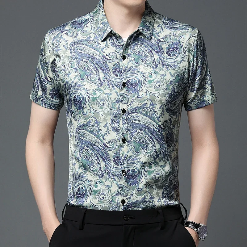 Luxury Mens Paisley Shirts 2023 Summer Printed Hawaiian Dress Beach Wear Fashionable Mens Clothing Large Sizes Blouse Baroque