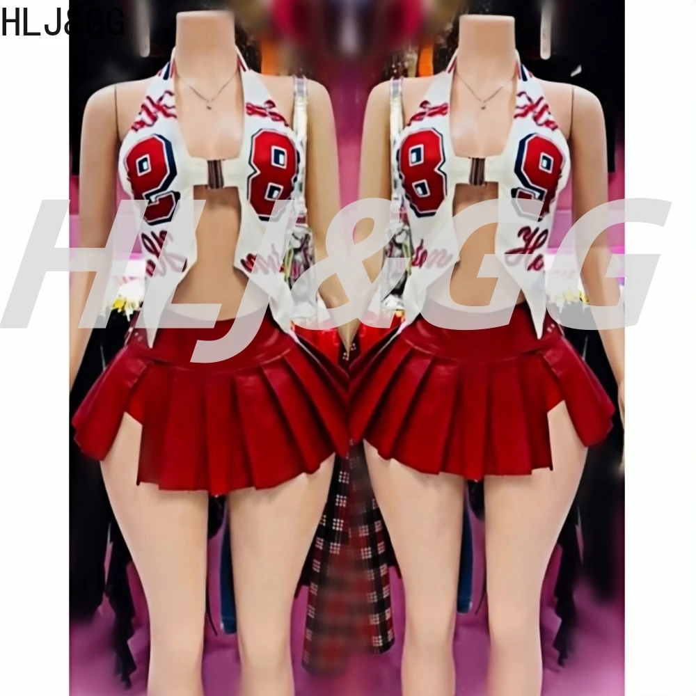 

HLJ&GG Fashion Y2K Letter Print Halter Deep V Two Piece Sets Women Sleeveless Backless Slim Top And Pleated Mini Skirts Outfits