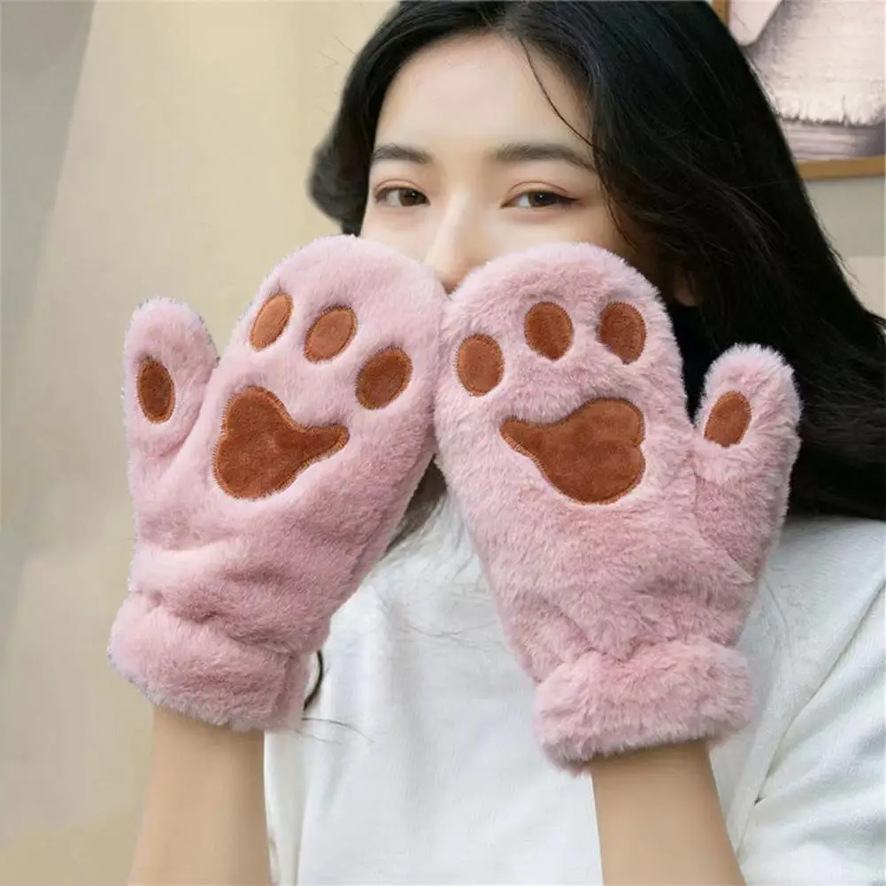 Full Fingers Cute Cat Paw Gloves Winter Women Gloves Thick Warm Plush Half Fingers Embroidery Cat Paw Thermal Insulation Gloves