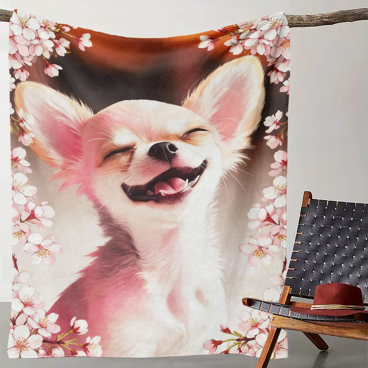 

1 Cherry Blossom Surround Smiling Chihuahua Blanket, Cute Pet Healing Style Home Decoration Warm Blanket