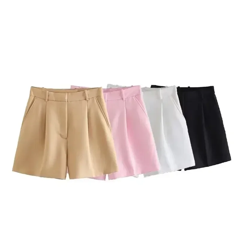 Women 2023 New Chic Fashion summer multicoloured High waist beat crease leisure Shorts Vintage  Female Short Pants