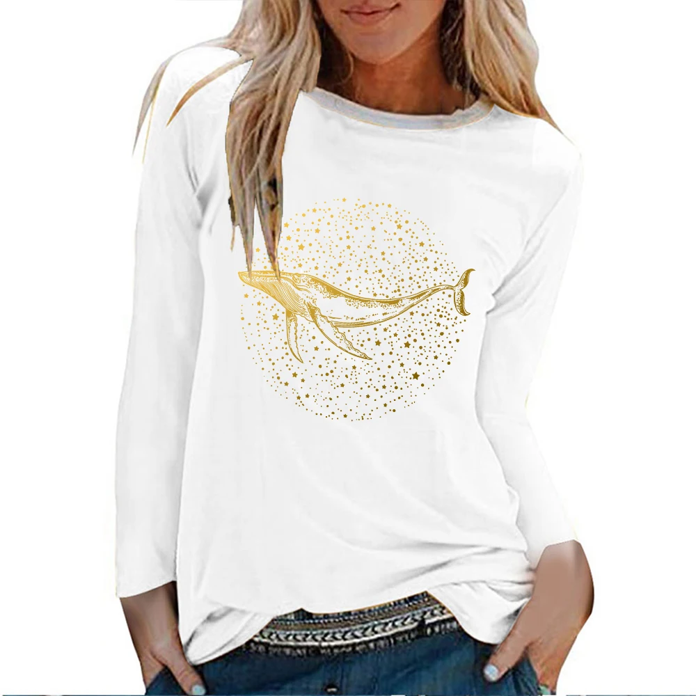 Seeyoushy Gold Whale Print 2023 New Long Sleeve O-neck Women's T-shirt Casual Fashion Women's Clothing Y2K Aesthetic Women's Top