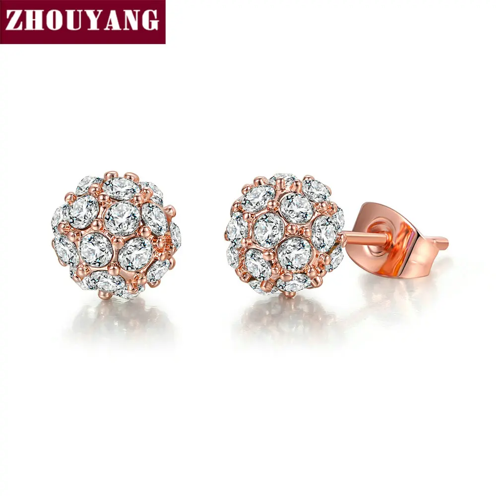 ZHOUYANG Lucky Ball Stud Earrings For Women Simple Classic Top Quality Rose Gold Color Jewelry Austrian Crystal Wholesale ZYE381