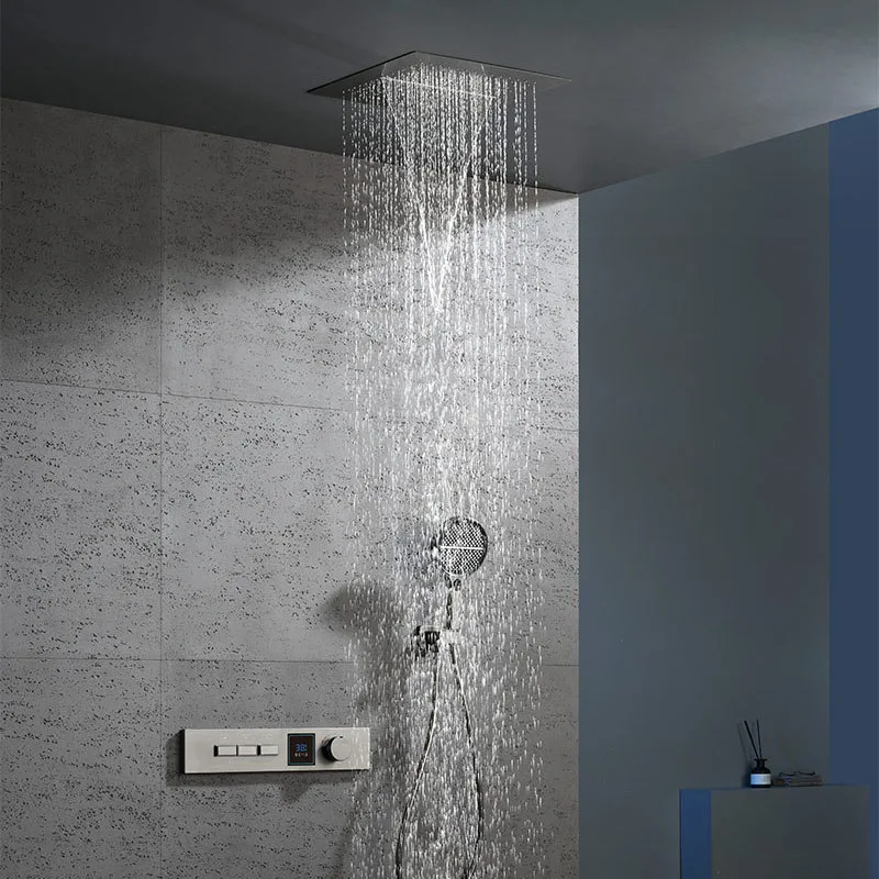 

Умный душевой набор с постоянной температурой, квадратная потолочная лейка-водопад, LED-дисплей, 4-функциональная ручная лейка