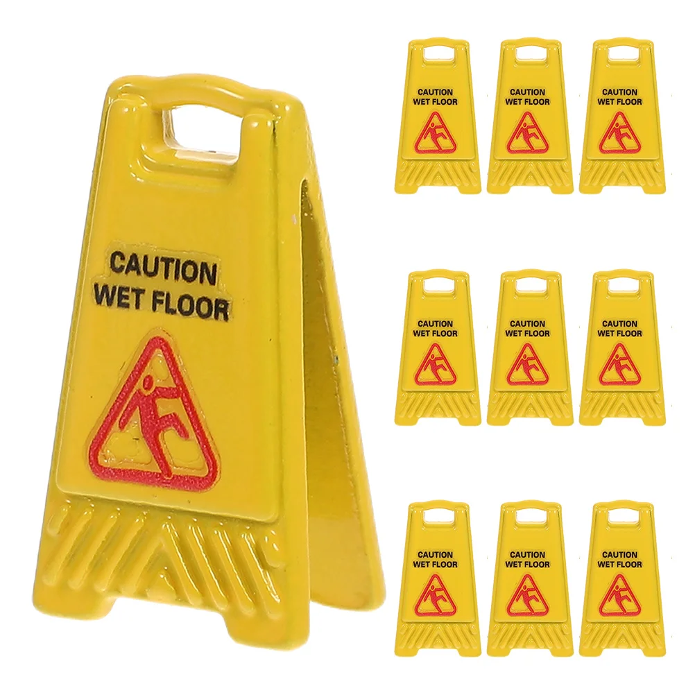 10pcs Mini Warning Sign Realistic Alloy Caution Safety Education For Dollhouse Slippery Floor Pretend Roleplay