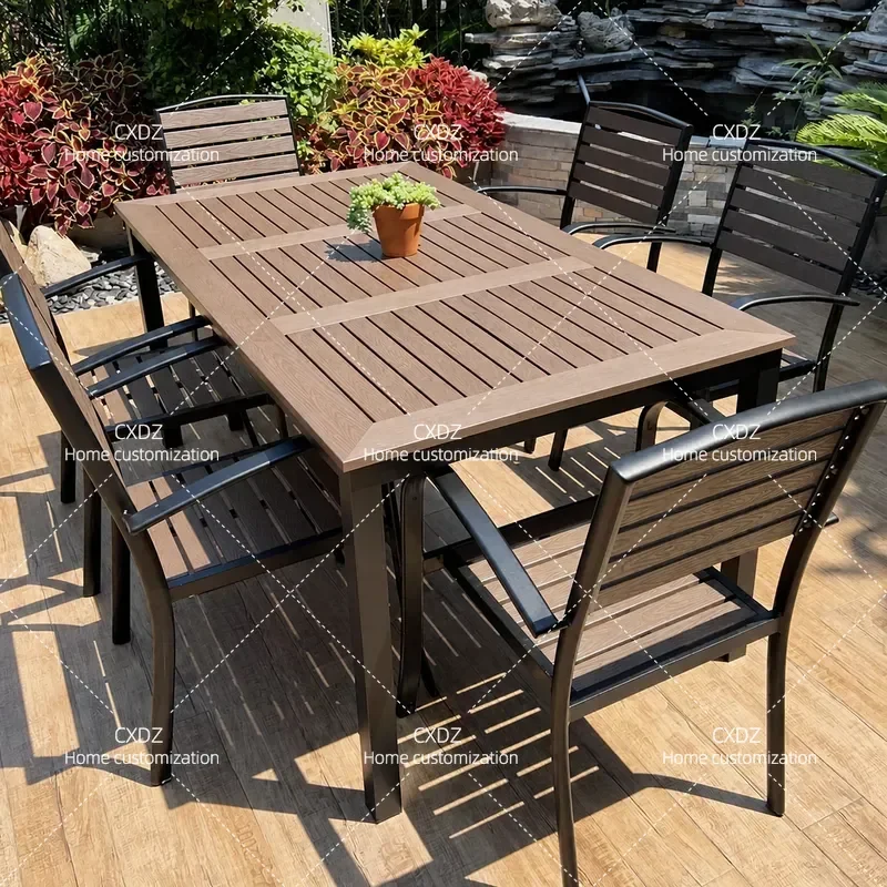 Outdoor Plastic Wood Table and Chair Set Waterproof Sunproof Leisure Furniture for Balcony Garden Courtyard Patio