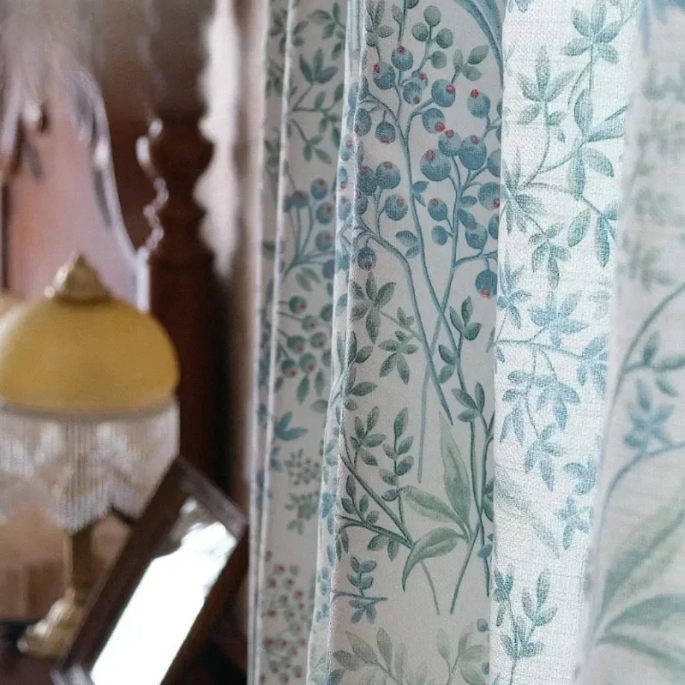 American Country Retro Green Fresh Plant Flowers Cotton Linen Semi-shade Window Curtains For Living Room ,Bedroom Decor Drapes