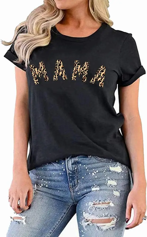 Womens Madre Leopard Print T-Shirts Short Sleeve Mama Shirts Cheetah Mom Graphic Tees Tops