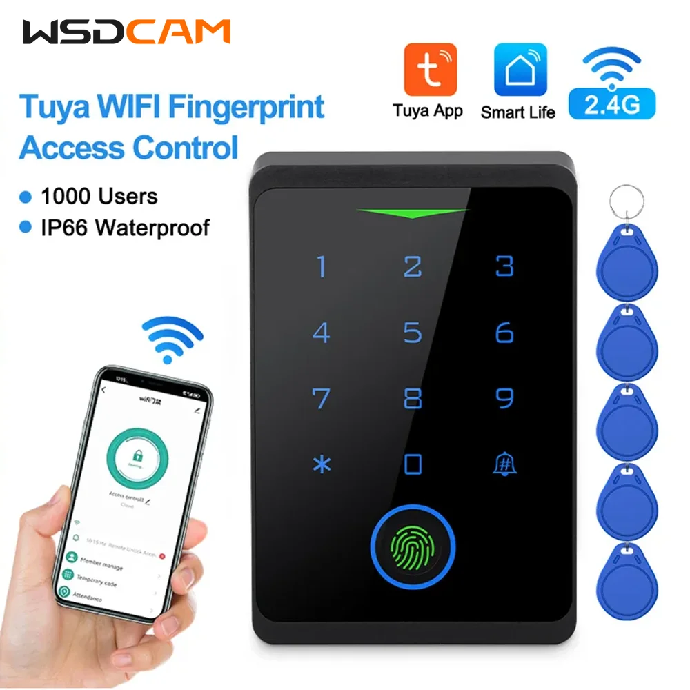 Wsdcam Tuya WiFi Door Lock IP66 Waterproof Keyless Access Control Keypad Fingerprint Door Entry Biometric Digital Lock 1000 User