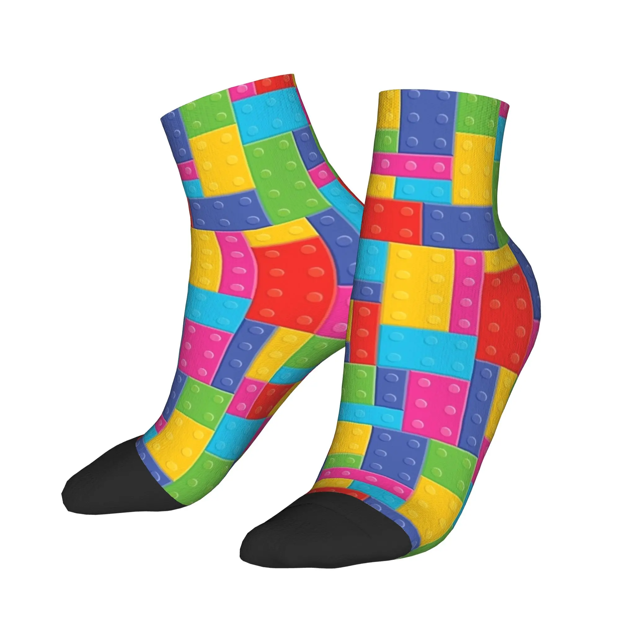 Vibrant Multicolor Building Blocks Pattern Ankle Socks Novelty Quality Soft Casual Socks Autumn Running Sports Printed Anti Sock