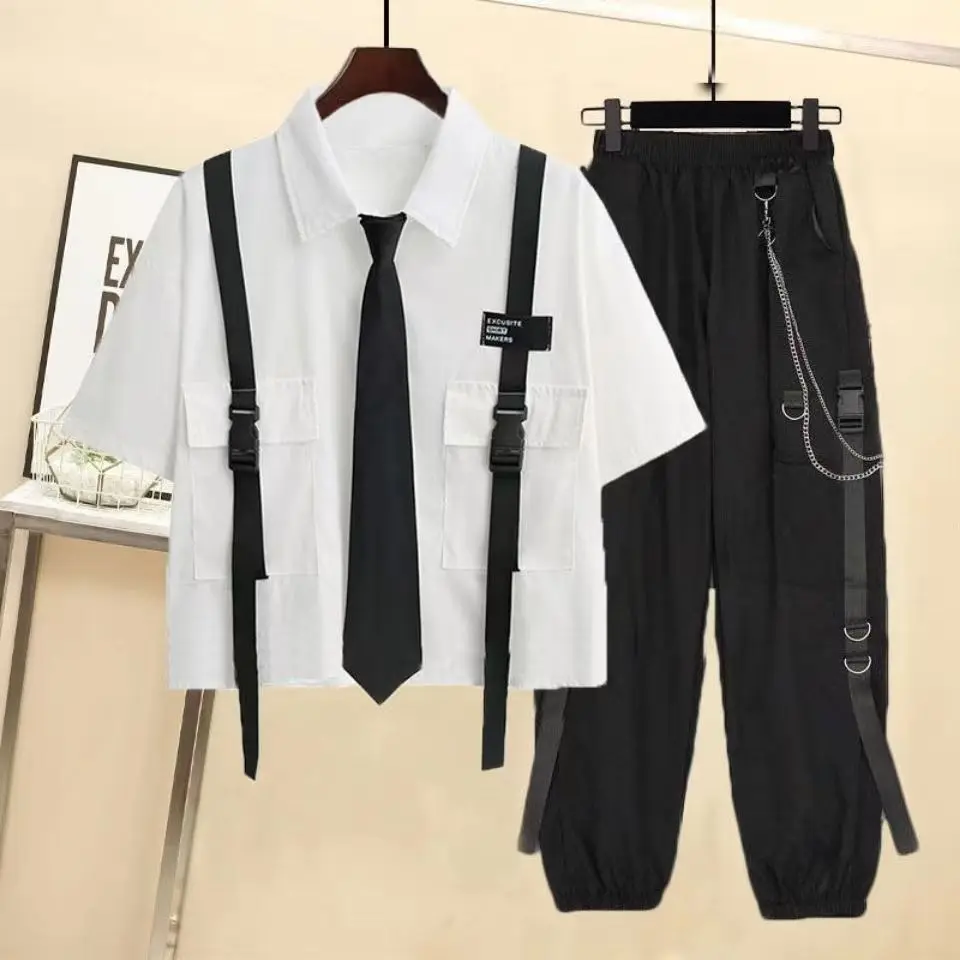 Two 2 Piece Sets for Women Streetwear Cargo Pants with Chain + Blouse White Black Harajuku Shirt  Loose Joggers  Summer Suits