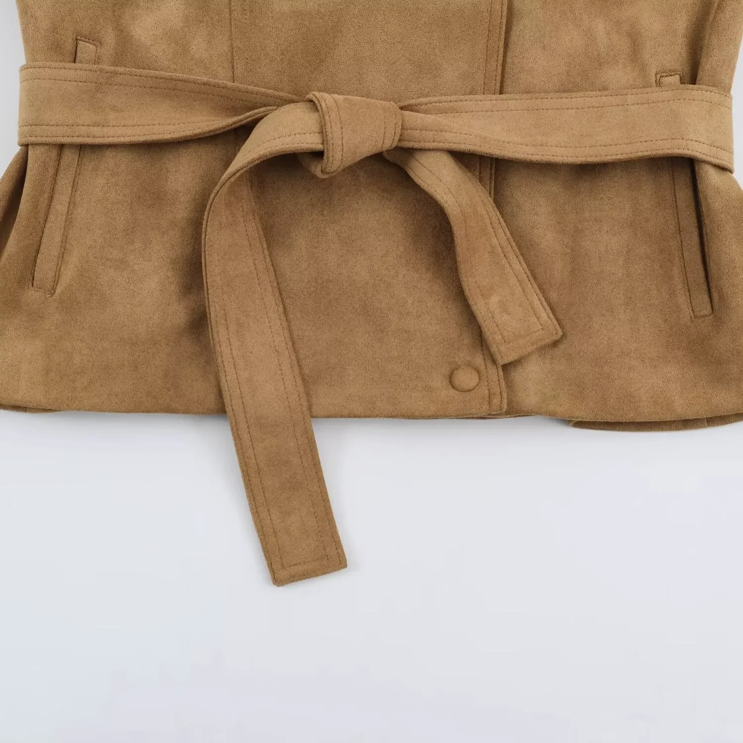 Damen Kunstwildleder Kurze Herbst-Winter-Jacke mit Gürtel, Langarm, Locker Geschnitten, Lässige Oberbekleidung, Streetwear für Frauen – Detail 13