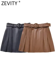 Zevity Women Fashion Solid Color Wide Pleats Faux Leather Mini Skirt Faldas Mujer Female Chic Side Zipper Belt Vestidos QUN5503