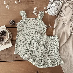 2PCS Summer Korean Ruffled Sleeveless Knitted Suspender Floral Clothing Set for 0-4 Years 100% Cotton Chic Straps Vest Suit