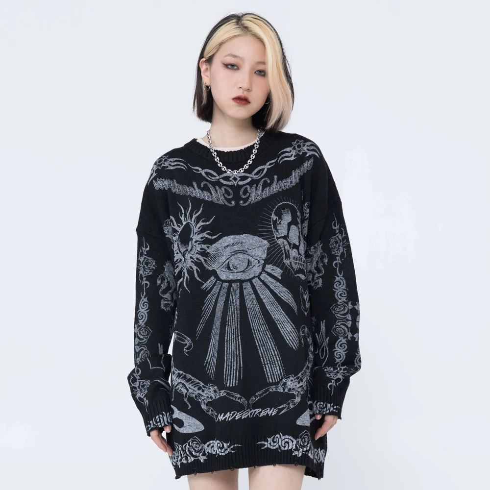 Skulls Print Oversized Sweater Frayed Goth Women Men Clothes Y2k Sweaters Knitted Pullovers Streetwear Harajuku Long Sleeve Tops