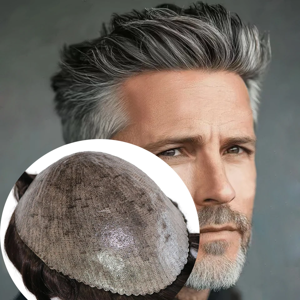 

1b651B50 1B30 Grey Old Man Wigs Natural Hairline Super Thin PU #1b #2 Black Blonde Dark Brown 100% Human Hair Men Toupee System