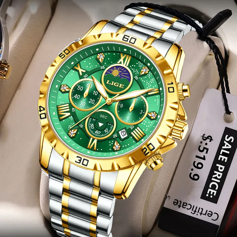 LIGE nouveau 24 heures Phase de lune hommes montre mode affaires montre hommes haut de gamme de luxe lumineux étanche Quartz chronographe mâle