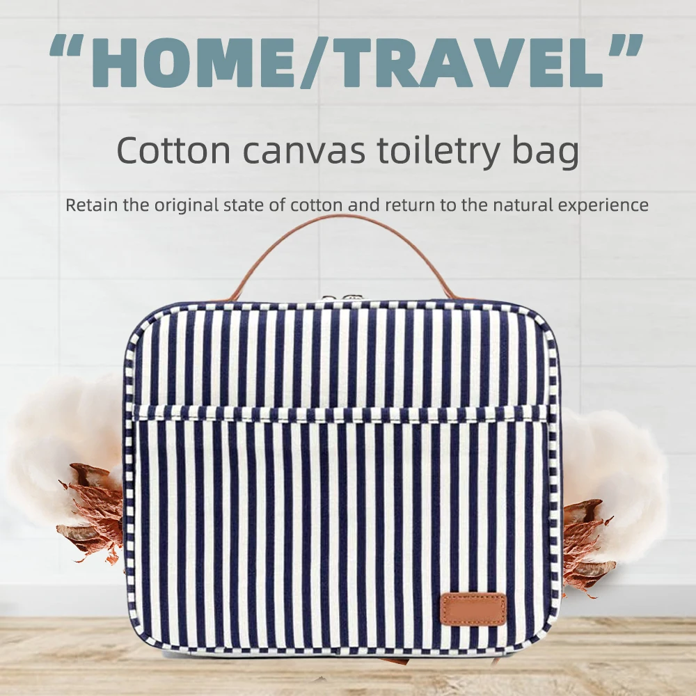 Striped canvas travel toiletry bag waterproof canvas toiletry bag dry and wet separation large capacity canvas travel toiletry b