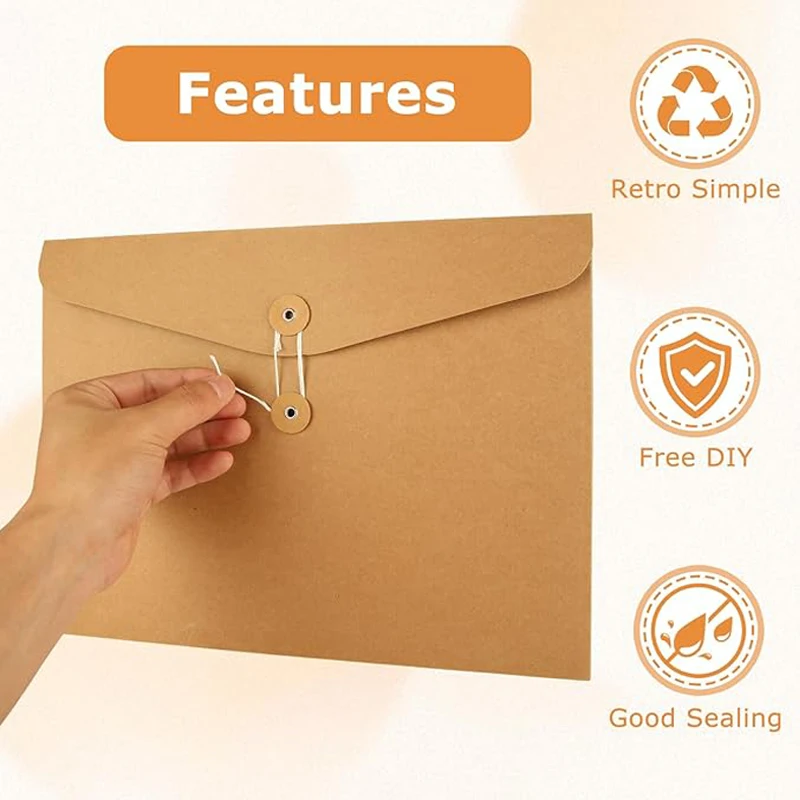 5/10/20 PCS+Stickers A5(24×17.5cm）Kraft File Folder Project Pockets Document Organizer  Storing Holder String Tie Closure