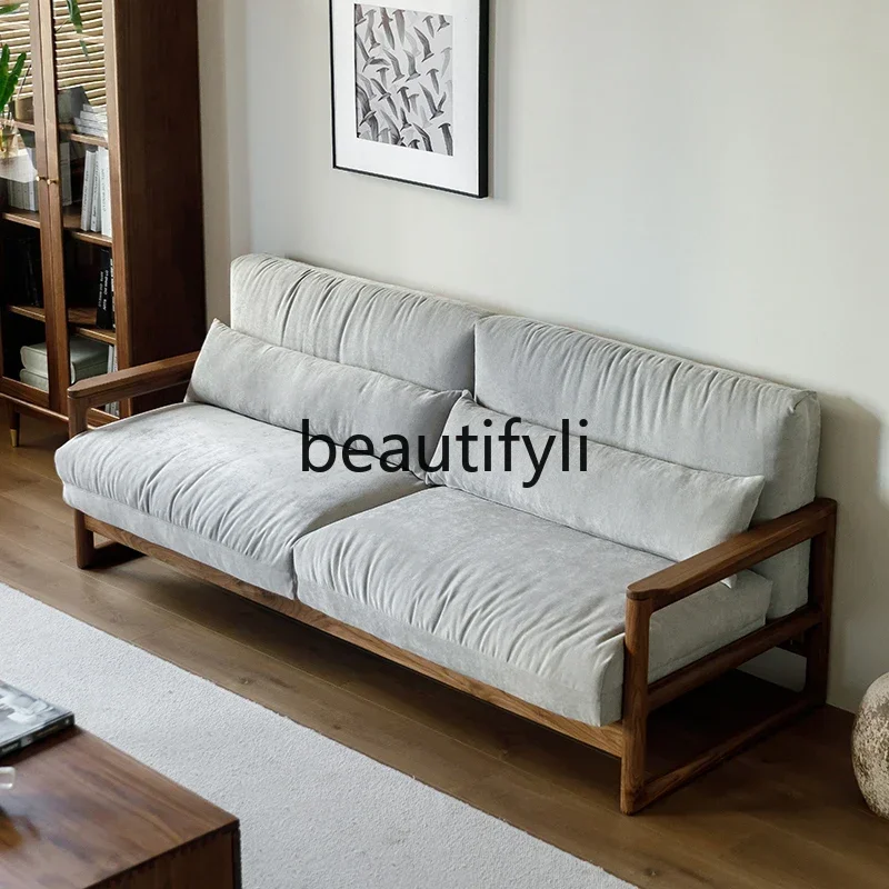 

32North American black walnut sofa solid wood fabric soft bag leather three-person living room log