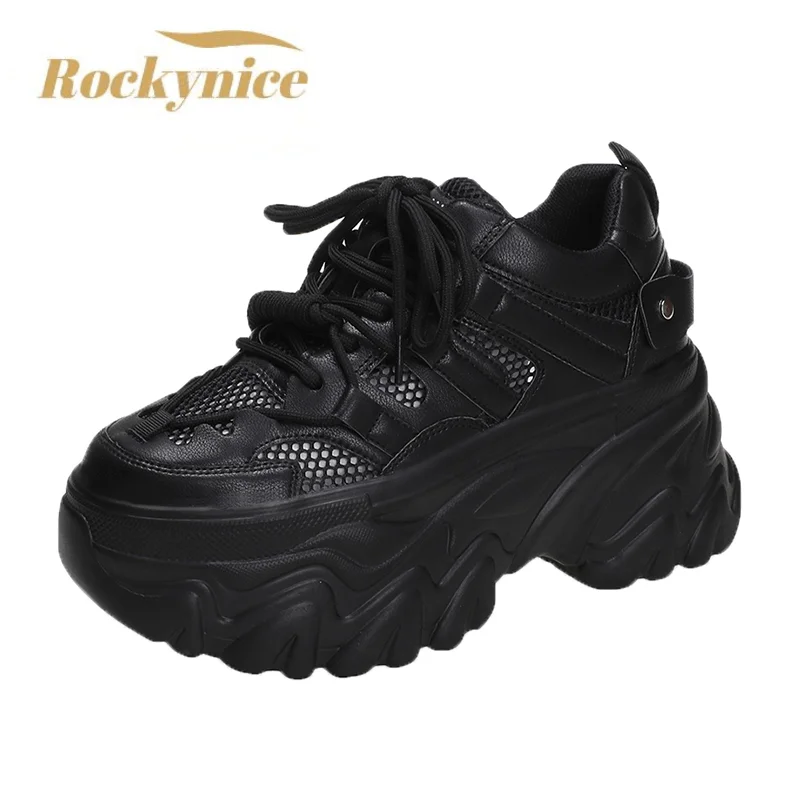 

8CM Women Chunky Sneakers New 2023 Summer Hidden Heels Platform Sports Dad Shoes Woman Lace Up Breathable Mesh Casual Shoes Muje