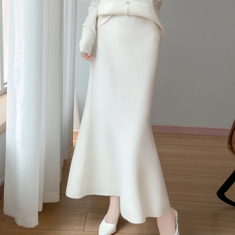 

Женская однотонная юбка-миди из 100% шерсти, элегантная, облегающая и универсальная трикотажная юбка