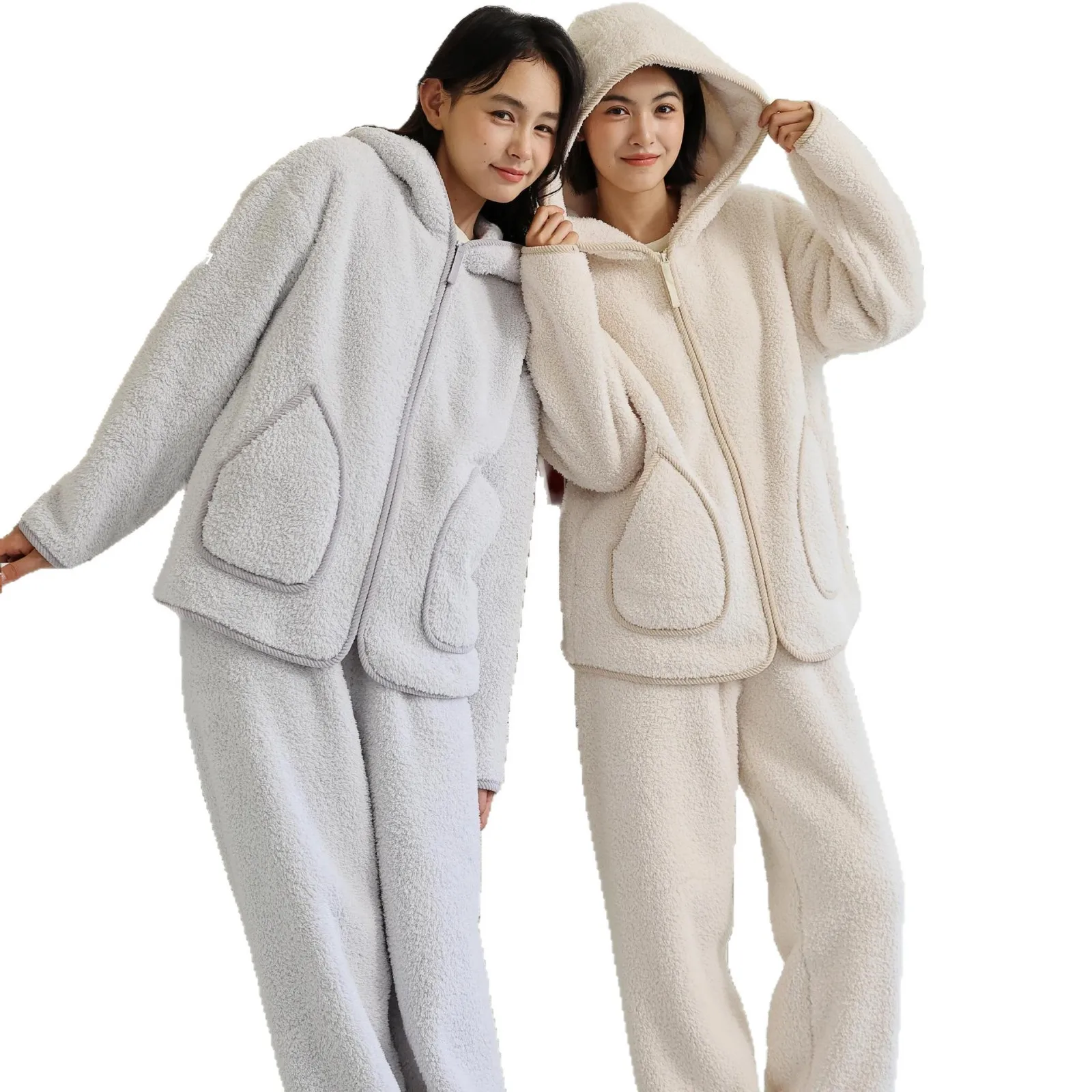 

Autumn Winter New Women Warm Soft teddy fleece Pajamas 2 Pieces Home Suit Casual Hooded Pajamas Night Wear