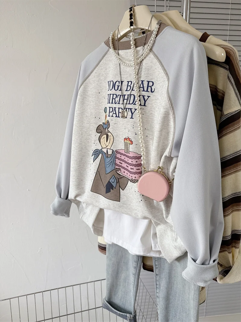 Slimming Printed Loose Shoulder Sleeve round Neck Sweatshirt Women's Casual Style Spring Fashion Sweet Bear Pattern Color Blo...