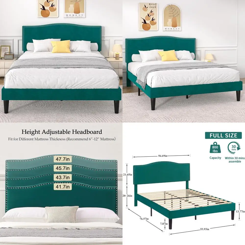 إطار سرير بمنصة مرتفعة قابلة للتعديل مع لوح رأسي منجد وبناء معدني عالي التحمل ودعم شرائح خشبية