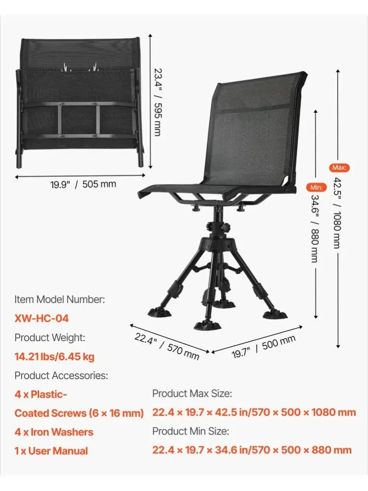 Klappstuhl, Campingstuhl, Angelstuhl mit Stahlrahmen, höhenverstellbarer Klappstuhl, Gartenstuhl (158 kg Tragkraft), 360 °   Geräuschloser Drehstuhl, 420-625 mm (Sitzhöhe) für Picknicks, Garten und