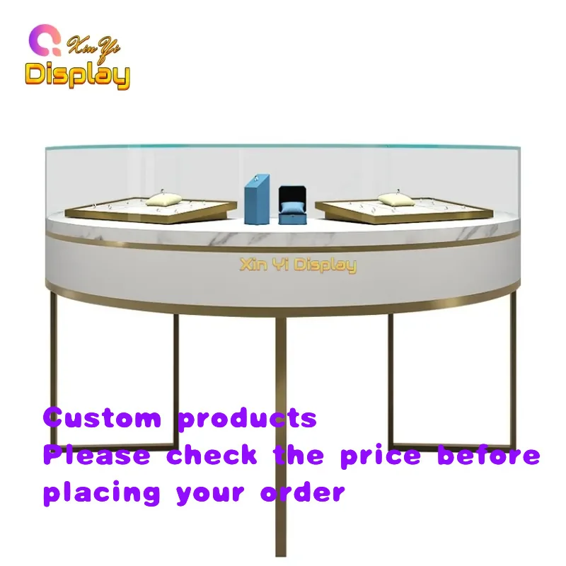 custom.Custom High-End Curved Stainless Steel Eco-Friendly Heavy Duty LED Lit Jewel Display Kiosk Jeweler's
