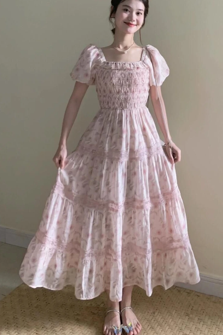 

2026 Summer New Women's Dress Printed Bubble Sleeve A-line Skirt