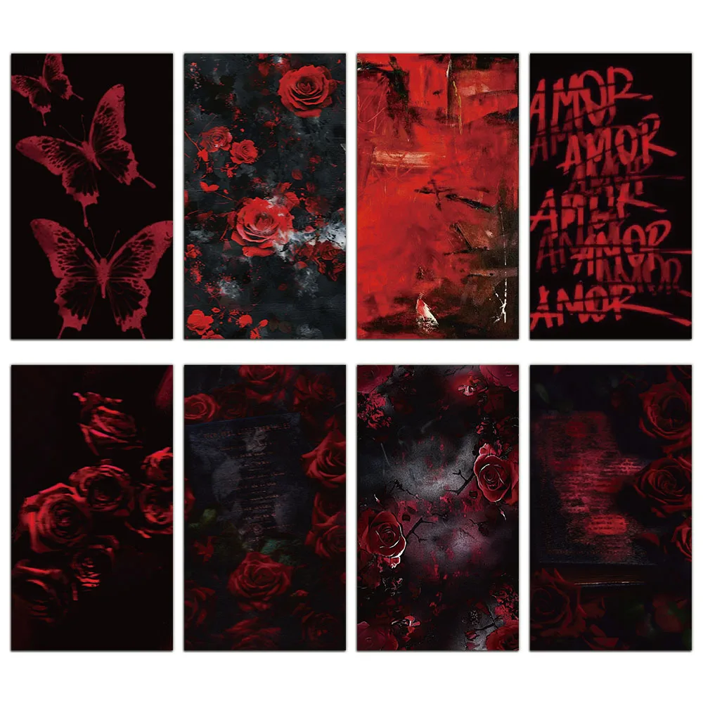 8PCS Dark Black Red Series Special Rose Background Stickers Hand Account Collage DIY Design Waterproof Stickers