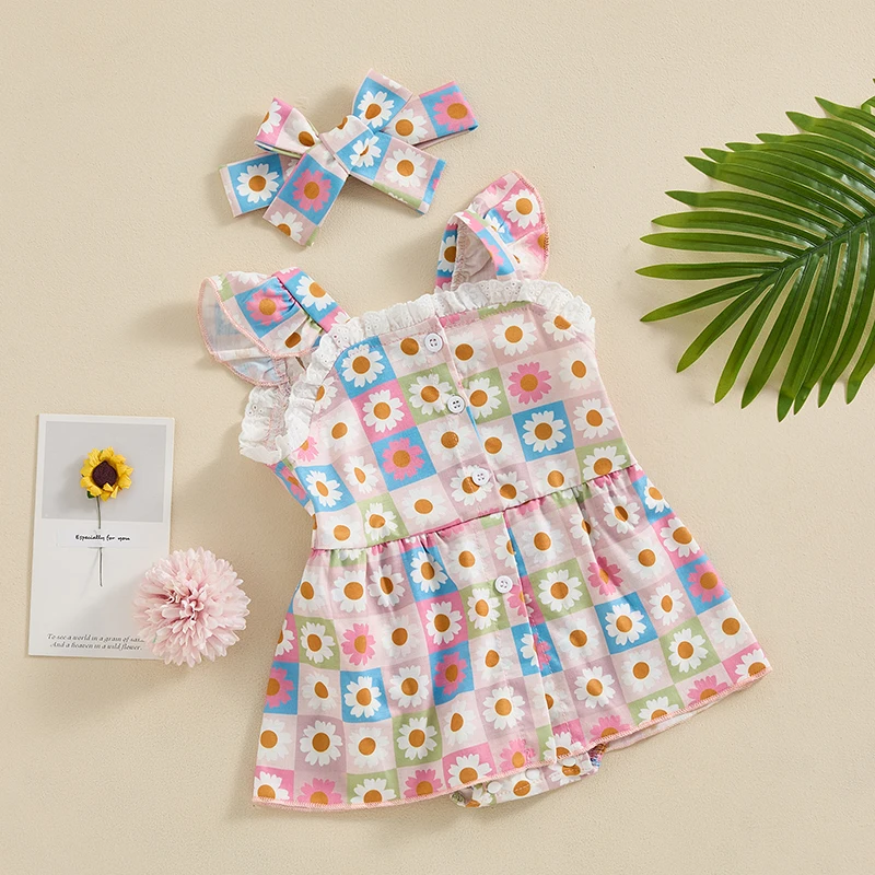 Infant Baby Girl Romper Dress Daisy Plaid Print Sleeveless Lace Trim Button Jumpsuit with Headband Outfits