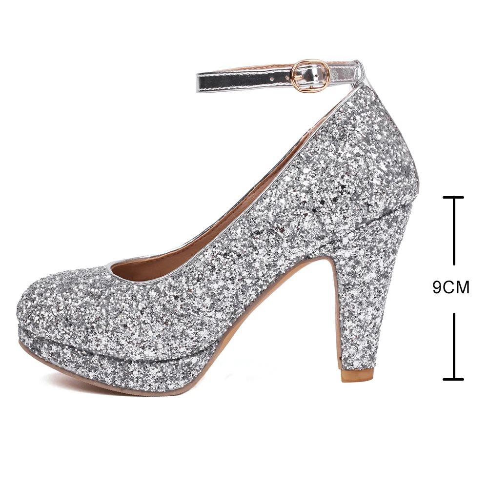 Sequin Gold Pumps Women Blingbling Glitter Silver High-heels Shoes Lady Thick Heels Platform Buckle Shoes Wedding Party Female