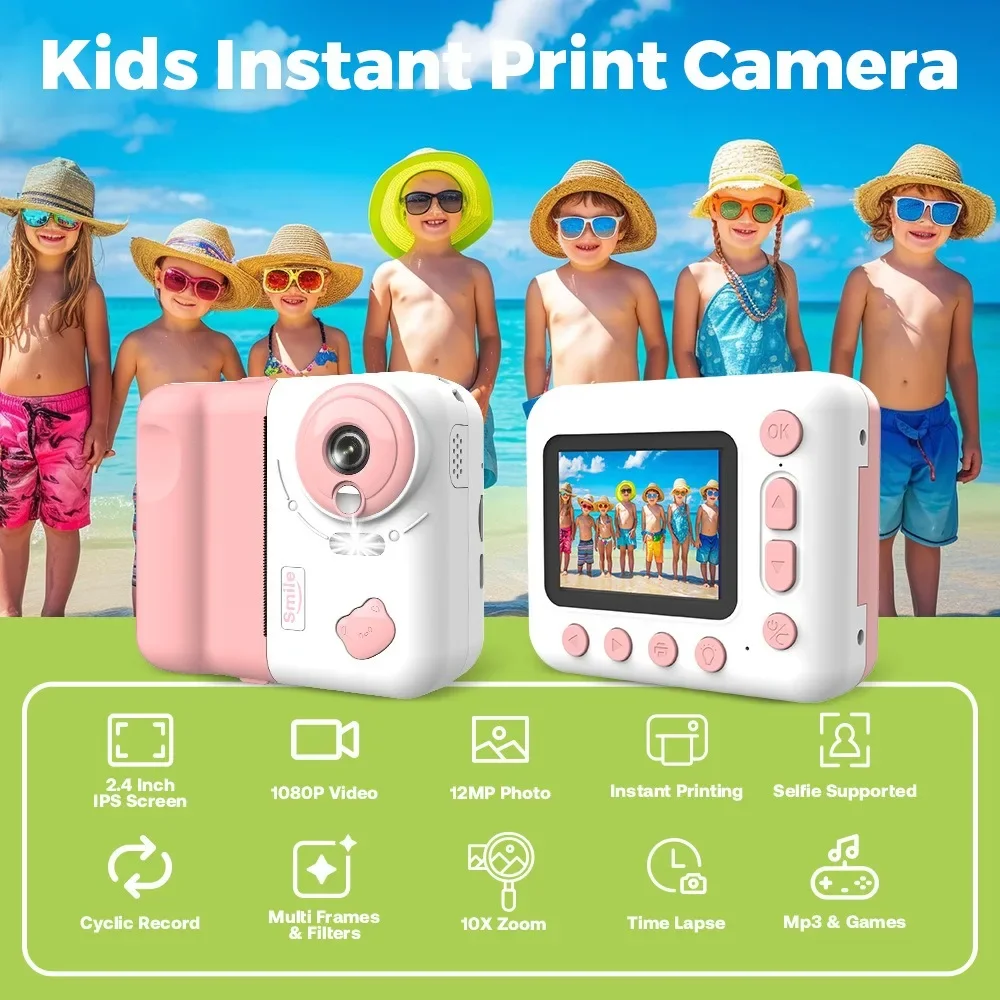 Instant Print Digital Camera Set para Crianças, 1080P, 2.4 "Screen, Zoom 10X, Vídeo Foto, Criança, Aniversário, Presentes Festival