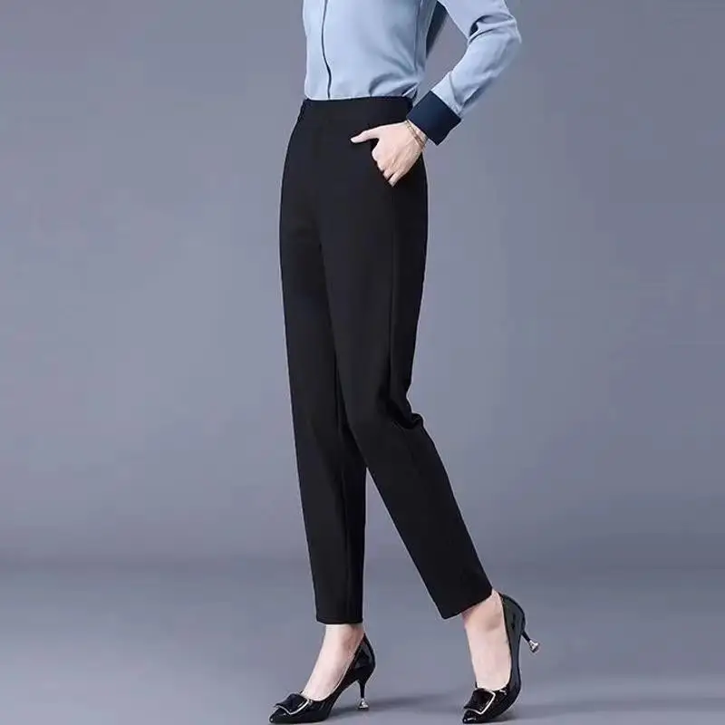Losse casual broek met hoge taille voor dames, ademende broek met rechte pijpen, elastische middelbare leeftijd en draag lange buitenbroek