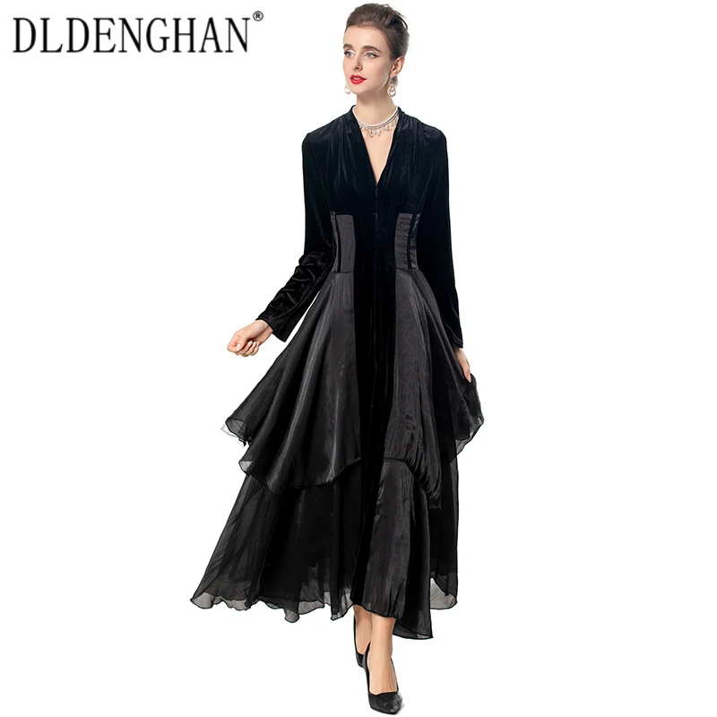 DLDENGHAN Black Velvet Patchwork Dress For Women V-Neck Long Sleeves Lace-up Elegant Party Long Dresses Fashion Autumn New