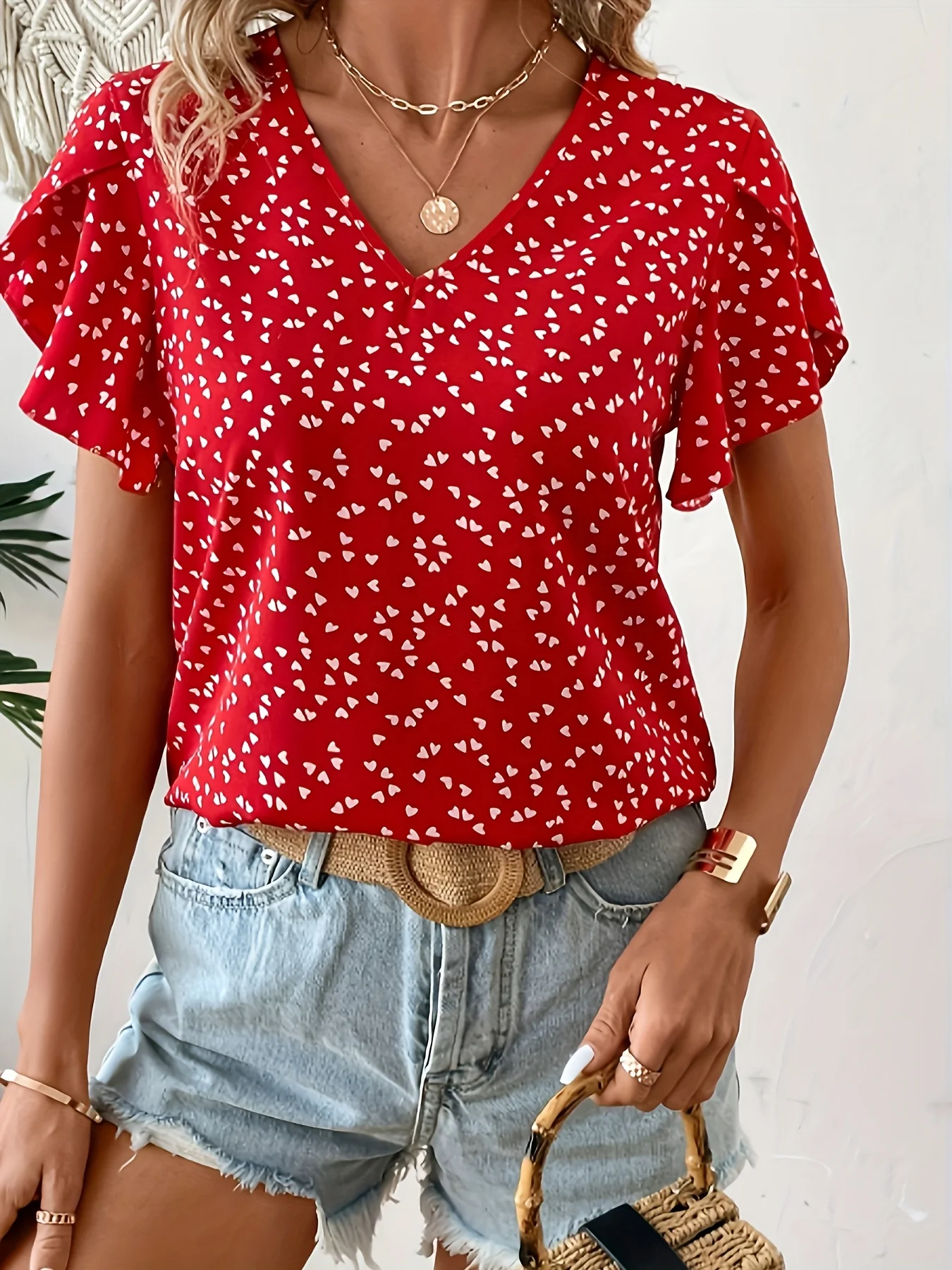Women's Dignified and Grand Star-Point Elegant Versatile Slightly Elastic Spring-Autumn Red Casual Ruffled T-Shirt