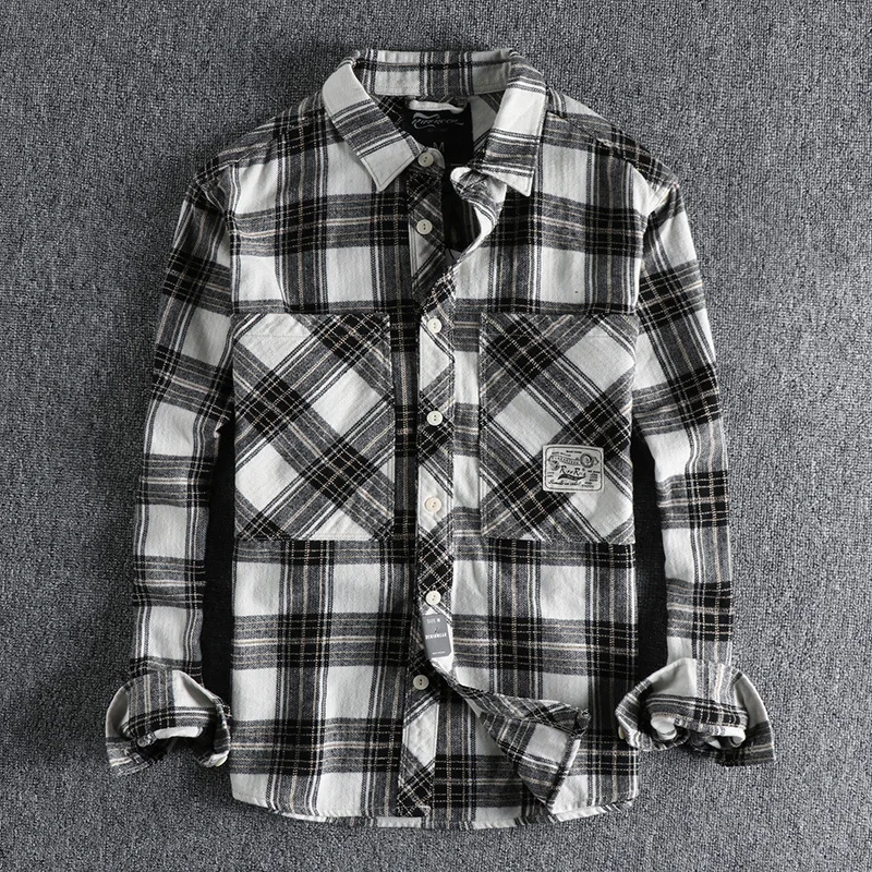 Winter Thick Washed Brushed Fabric Men\'s Plaid Long Sleeve Shirt Jacket American Workwear Big Pocket Fashion Youth Man Shirt