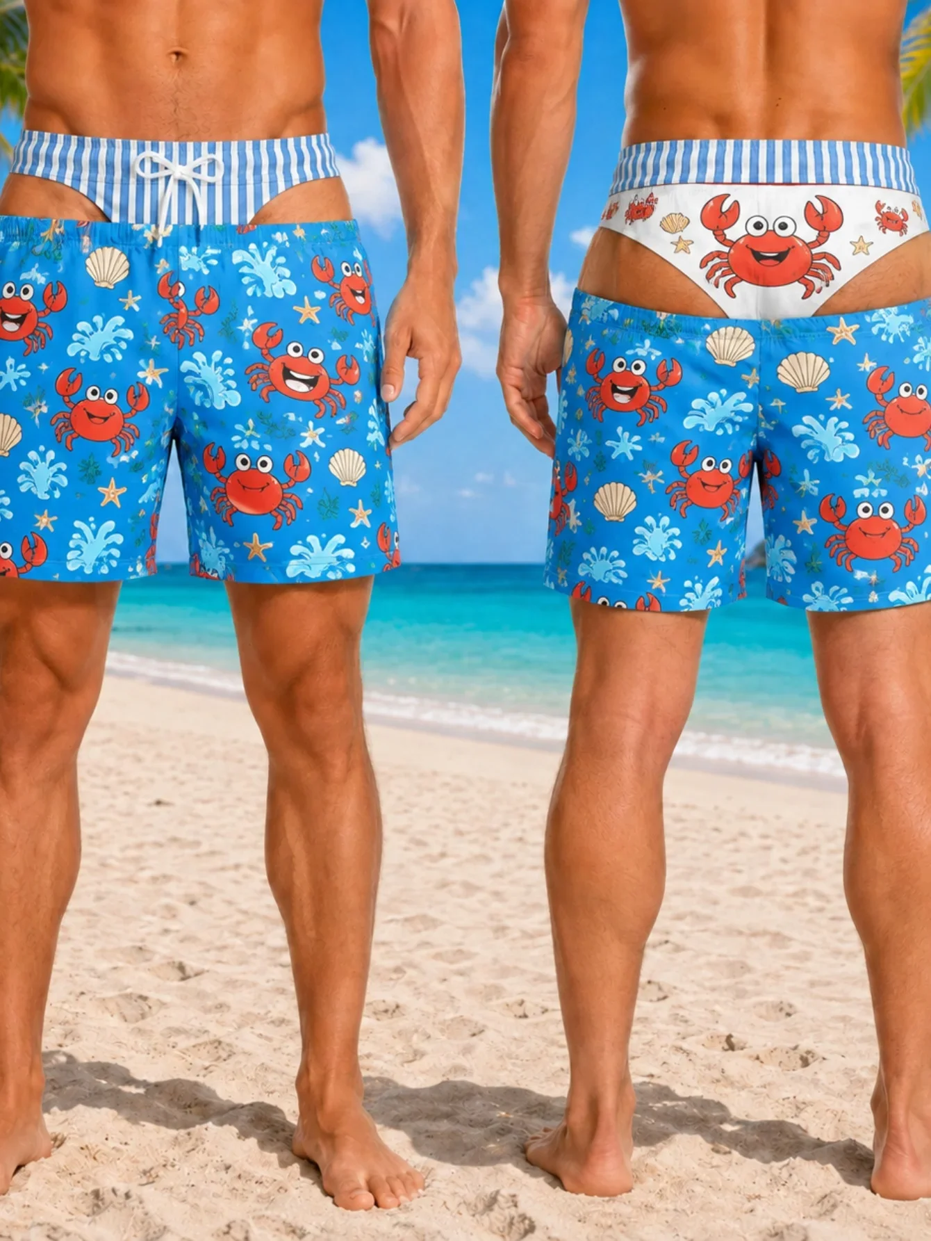 Men Funny Illusion Swim Trunks Colorful Donut Candy Fake Thong Print Novelty Beach Party Board Shorts