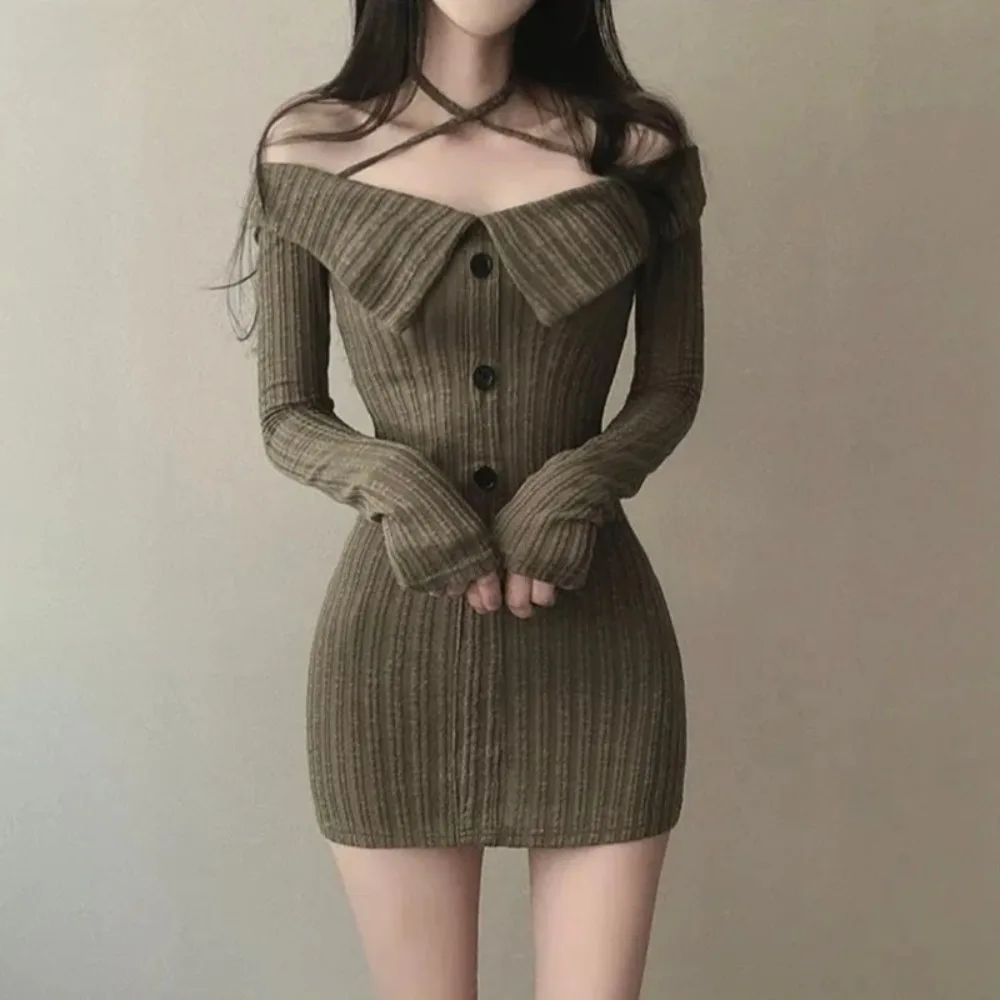 

Sexy Off Shoulder Knitted Mini Dresses Women Autumn Winter Long Sleeve Korean Y2k Clothes Slim Ladies Short Bodycon Black Dress