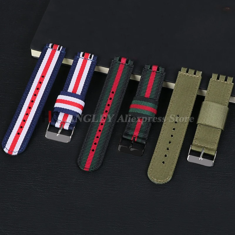 17 мм, 19 мм, 20 мм, тканевый нейлоновый ремешок для часов Swatch, тканый браслет, сменный браслет для женщин и мужчин, зеленый, черный, аксессуары для спортивных часов