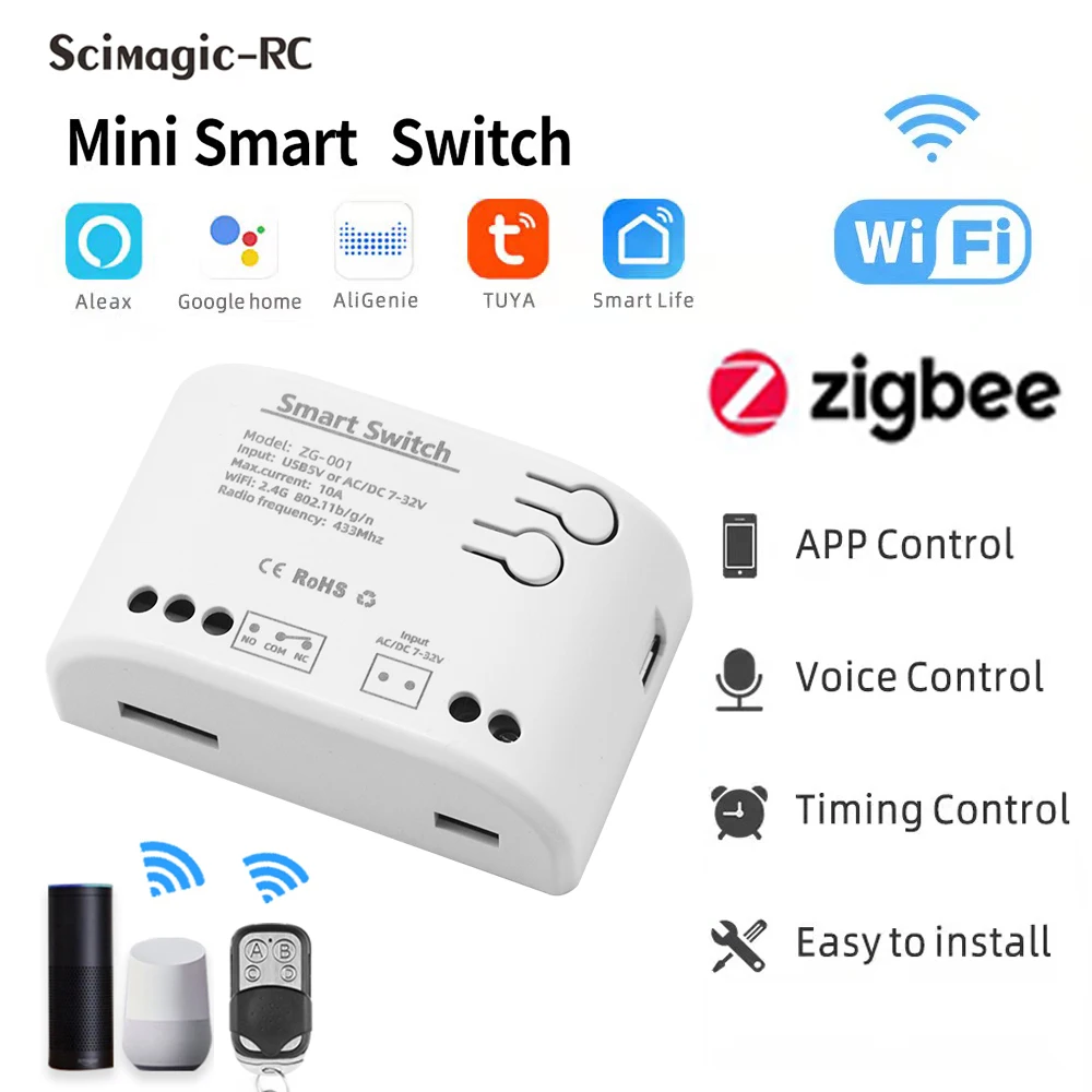 Zigbee-スマートホームリレーモジュール,スマートライトスイッチ,Alexa, Googleアシスタント,AC, DC, 12V, 24V, 7-32V,1ch,85-250V 220v