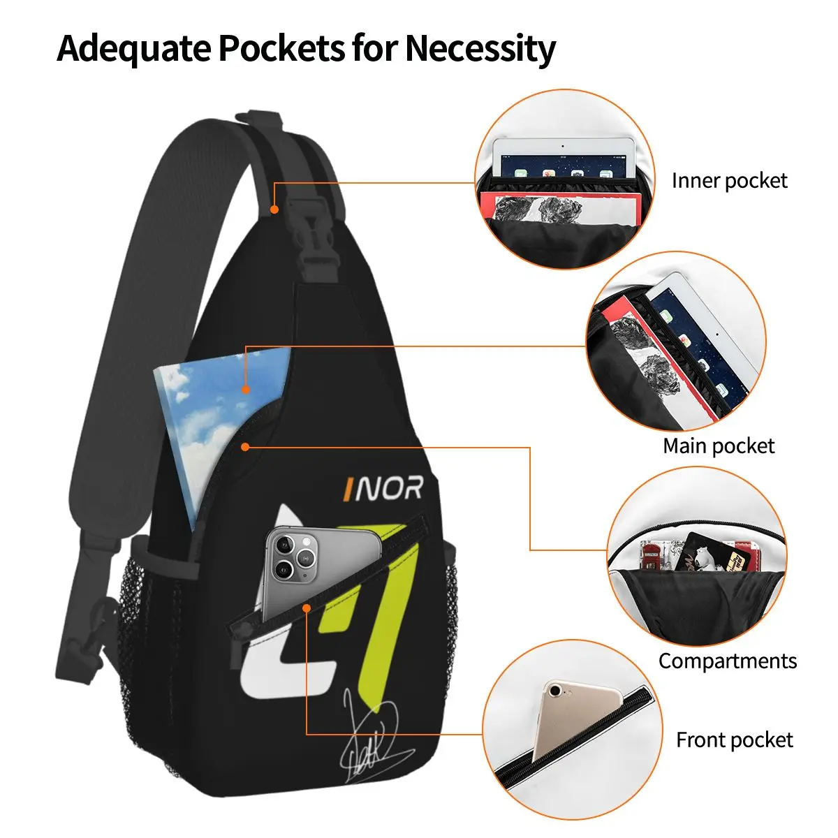 Motorsport Small Sling Bags, Lando Norris, Motorista De Corrida, Mochila De Ombro Crossbody, Viagem, Mochilas De Caminhada, Bolsa De Padrão, Peito, Viagem