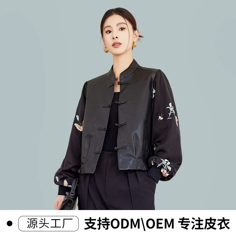 

New Chinese Style Spliced leather for Women Short Leather Jacket for New Retro Chinese Style Stand-up Collar Jacquard Buckle