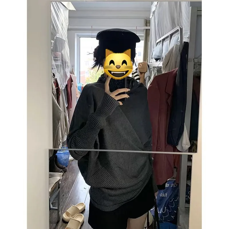 Grey Batwing Sleeve Pullovers Sweaters 2000s Korean Fashion Slim Long Sleeve Knitwear Y2k Subculture Korean Fashion Knitted Tops