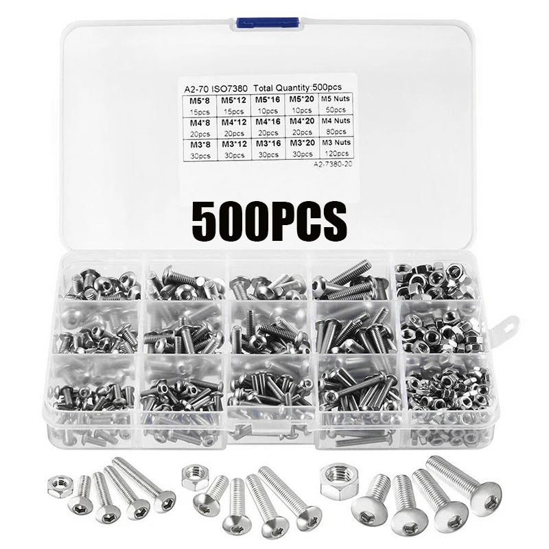 Aço inoxidável Hexagon Socket Screw Set, Cabeça Screw Kit, Allen Parafusos e Porcas, Botão Flat, Cap, M3, M4, M5, 500Pcs