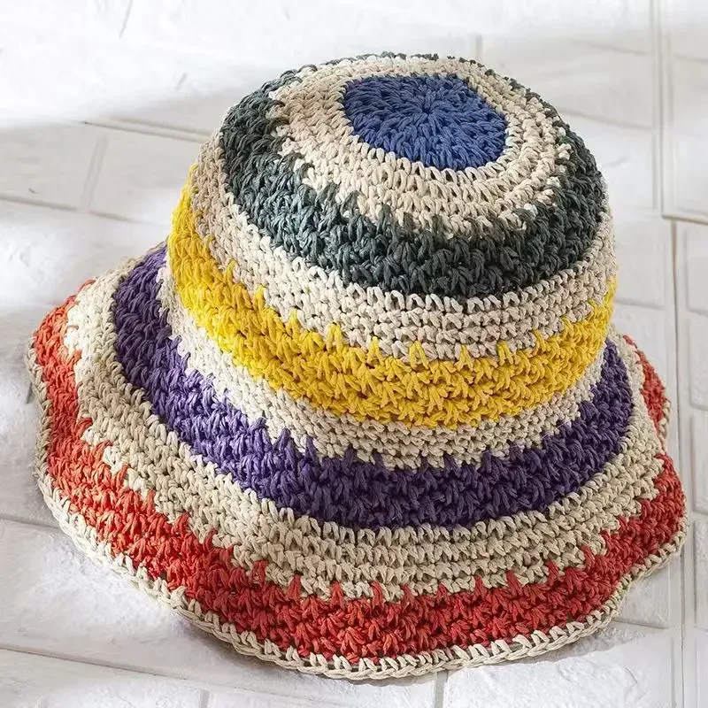 Rainbow Sun Hat Women Summer Striped Crochet Beach Bucket Hat Women Crochet Foldable Panama Hat Female Beach Sun Visor Cap