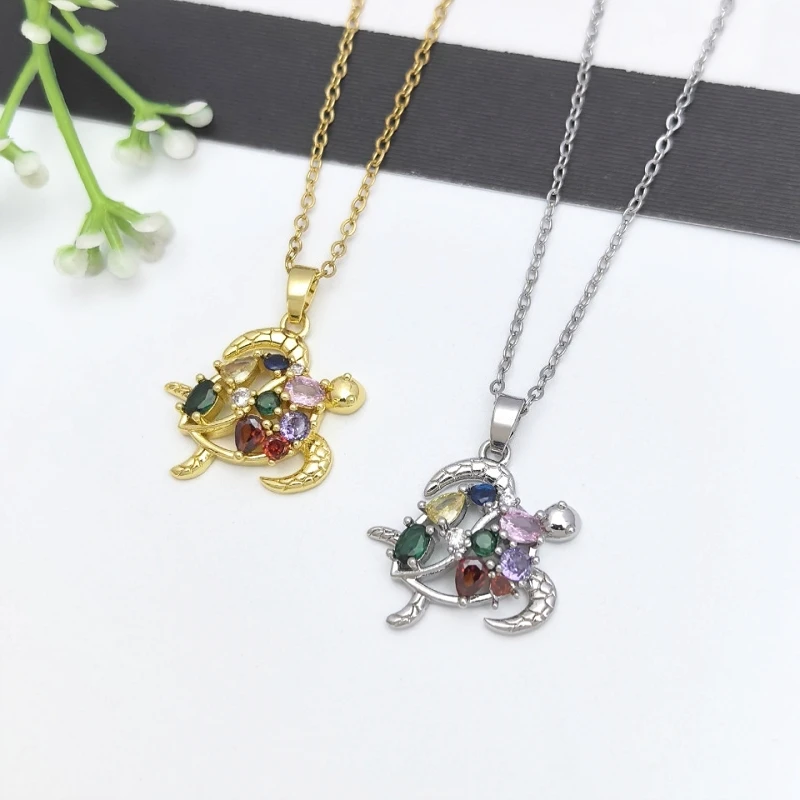 Elegant Women's Accessory Copper-Set Colorful Turtle Pendant Necklace on Stainless Steel Chain Unique Personality Fine Jewelry